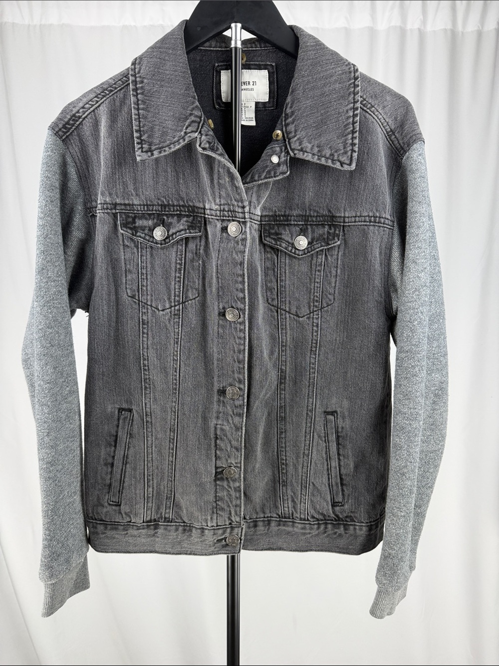 Forever 21 Gray Denim Jacket with Heather Gray Knit Sleeves